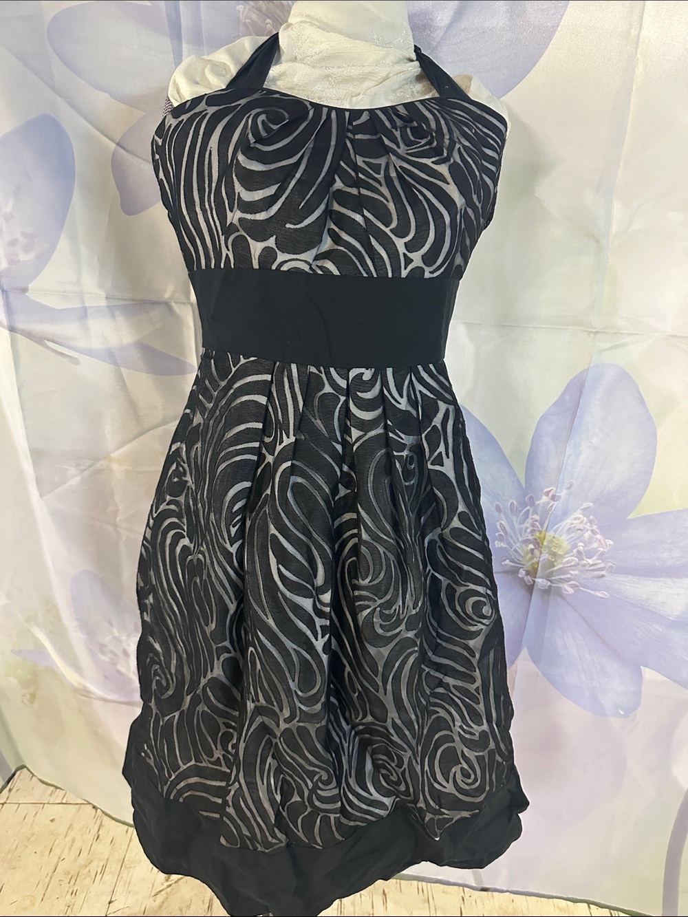 White House Black Market Black and Silver Printed Halter Dress